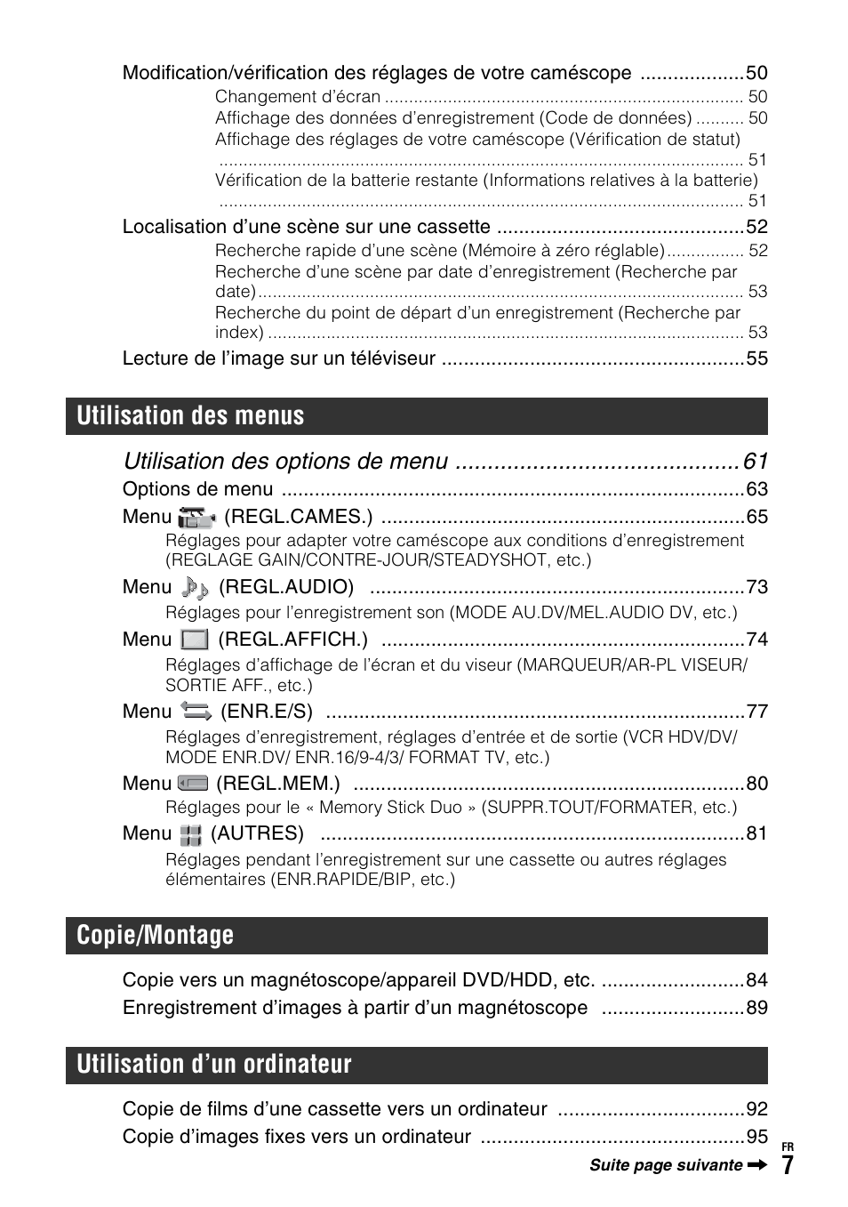 Utilisation des options de menu | Sony HDR-FX1000E User Manual | Page 7 / 271