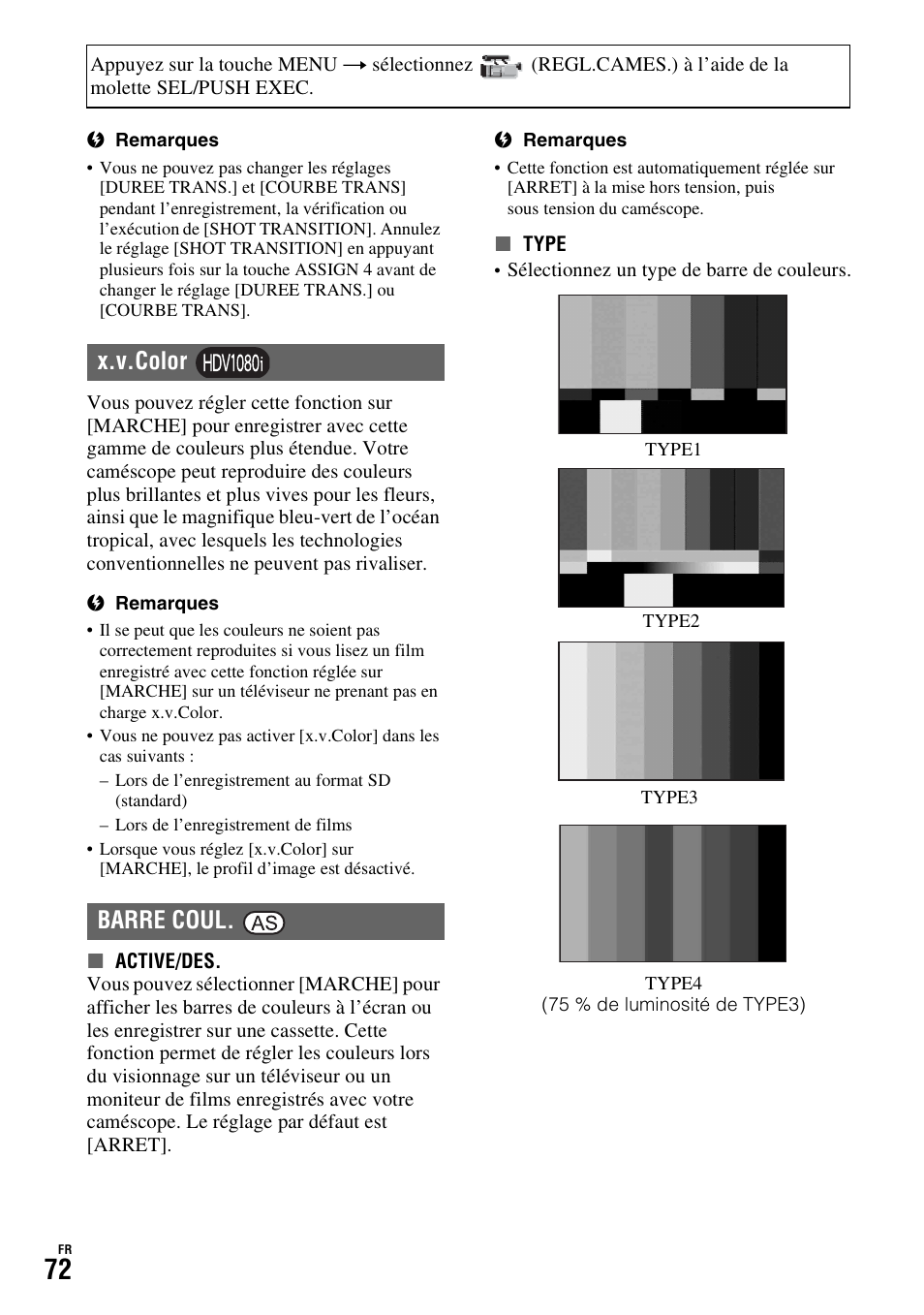P. 72), X.v.color barre coul | Sony HDR-FX1000E User Manual | Page 72 / 271