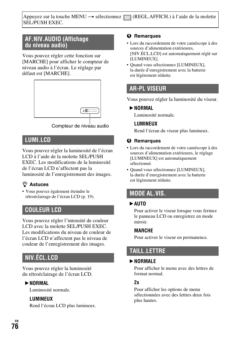 Ar-pl viseur mode al.vis. taill.lettre | Sony HDR-FX1000E User Manual | Page 76 / 271