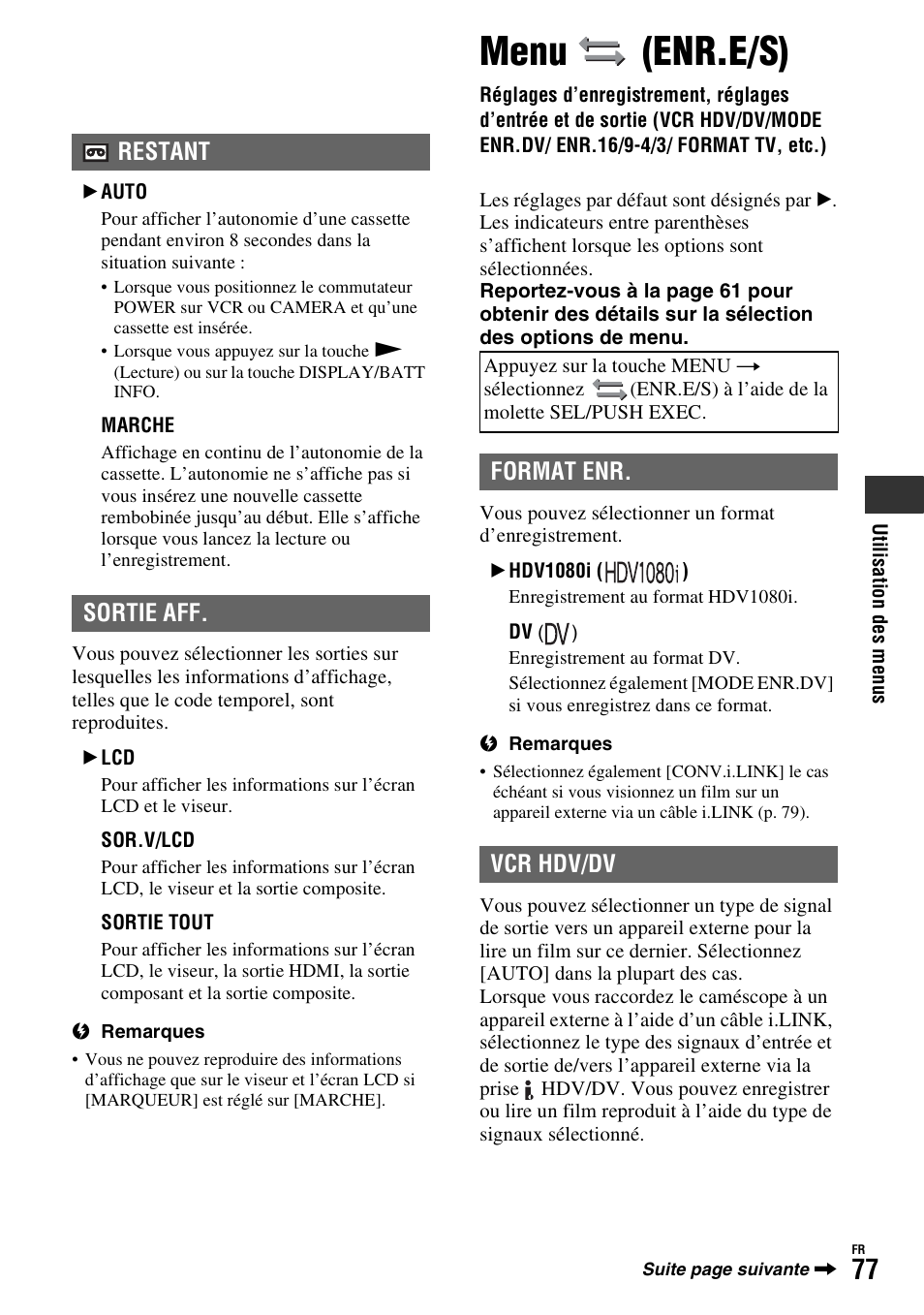 Menu (enr.e/s), Menu, Enr.e/s) | P. 77), Auto] (p. 77), Restant sortie aff, Format enr. vcr hdv/dv | Sony HDR-FX1000E User Manual | Page 77 / 271