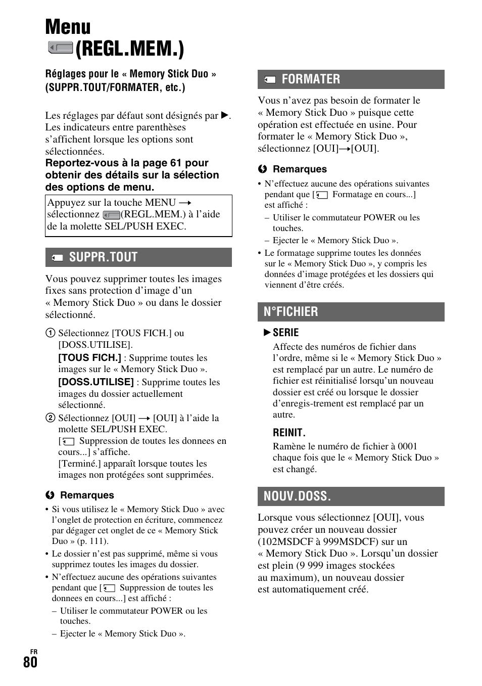 Menu (regl.mem.), Menu, Regl.mem.) | Gl.mem. (p. 80), P. 80), Suppr.tout, Formater n°fichier nouv.doss | Sony HDR-FX1000E User Manual | Page 80 / 271