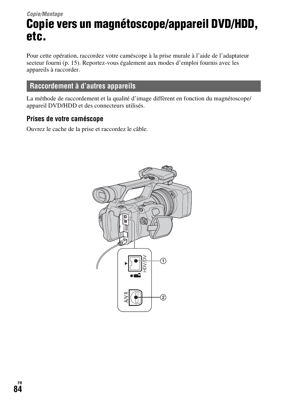Copie/montage, Copie vers un magnétoscope/appareil dvd/hdd, etc, P. 84) | Sony HDR-FX1000E User Manual | Page 84 / 271