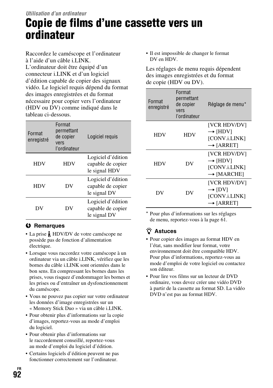 Utilisation d’un ordinateur, Copie de films d’une cassette vers un ordinateur, P. 92) | Sony HDR-FX1000E User Manual | Page 92 / 271