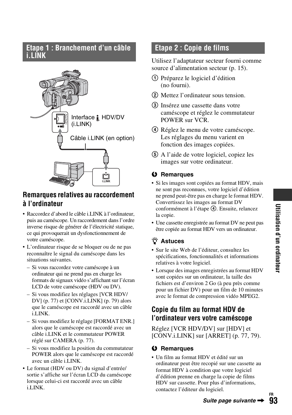 Etape 1 : branchement d’un câble i.link, Etape 2 : copie de films, Remarques relatives au raccordement à l’ordinateur | Sony HDR-FX1000E User Manual | Page 93 / 271