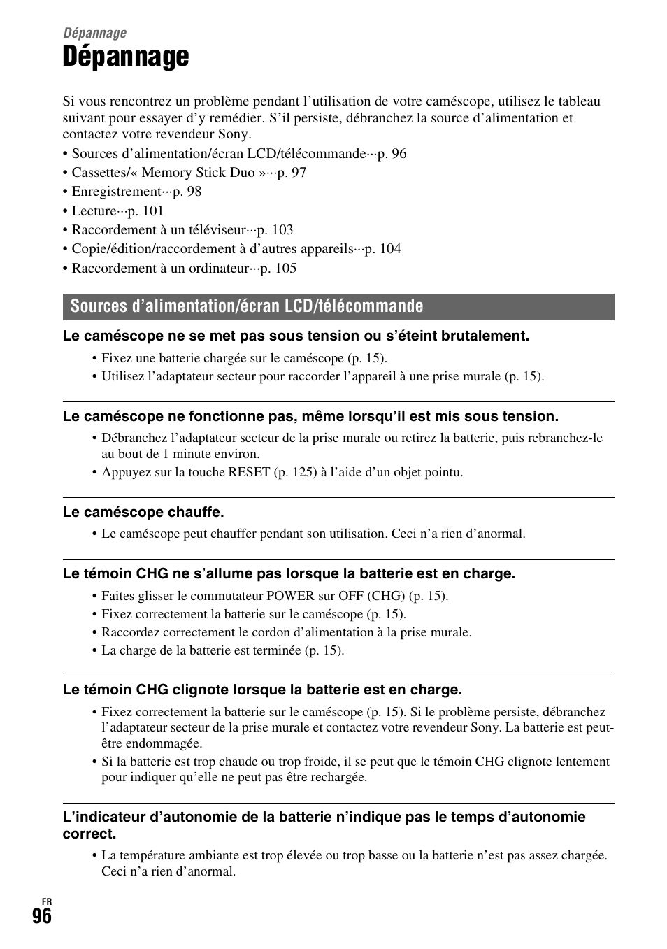 Dépannage, Sources d’alimentation/écran lcd/télécommande | Sony HDR-FX1000E User Manual | Page 96 / 271