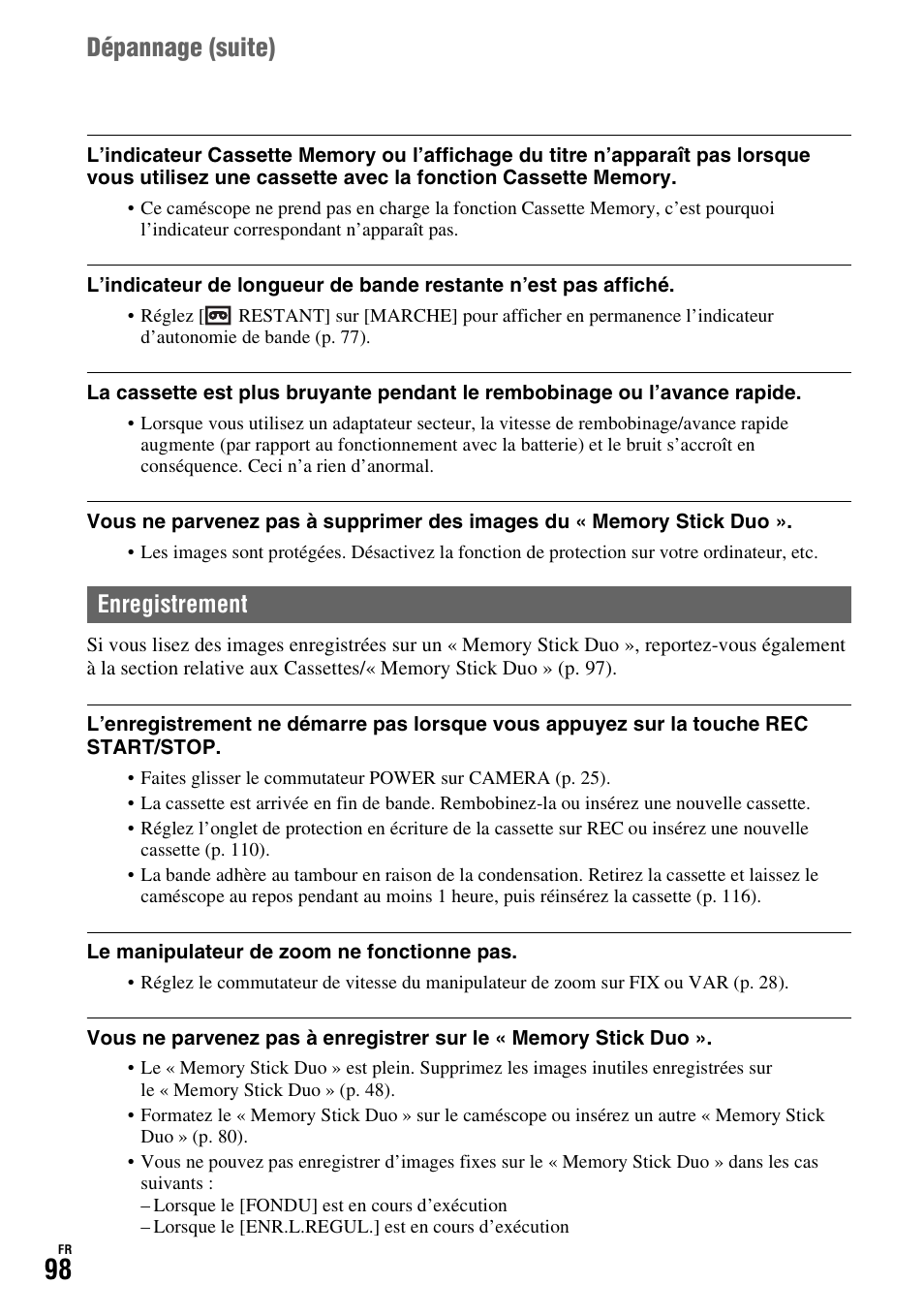 P. 98, Dépannage (suite), Enregistrement | Sony HDR-FX1000E User Manual | Page 98 / 271