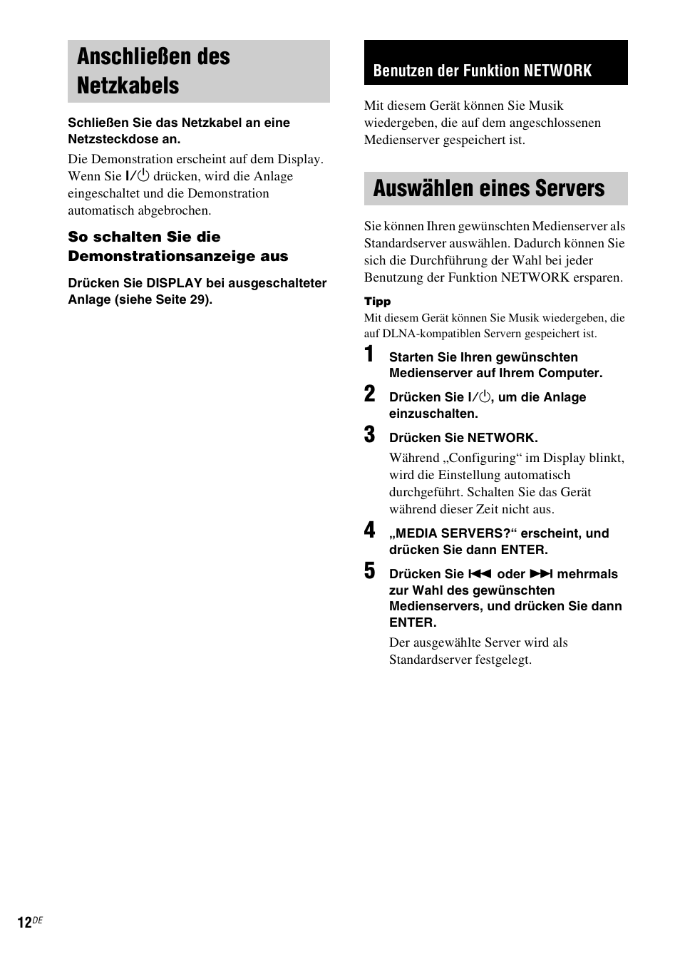 Anschließen des netzkabels, Benutzen der funktion network, Auswählen eines servers | Sony NAS-CZ1 User Manual | Page 129 / 435