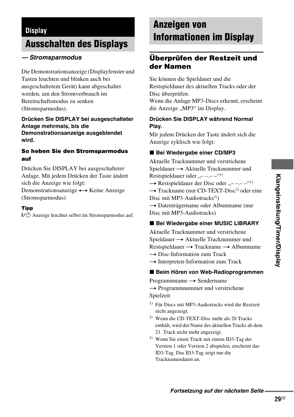 Display, Ausschalten des displays, Stromsparmodus | Anzeigen von informationen im display, Anzeigen von informationen im, Überprüfen der restzeit und der namen | Sony NAS-CZ1 User Manual | Page 146 / 435