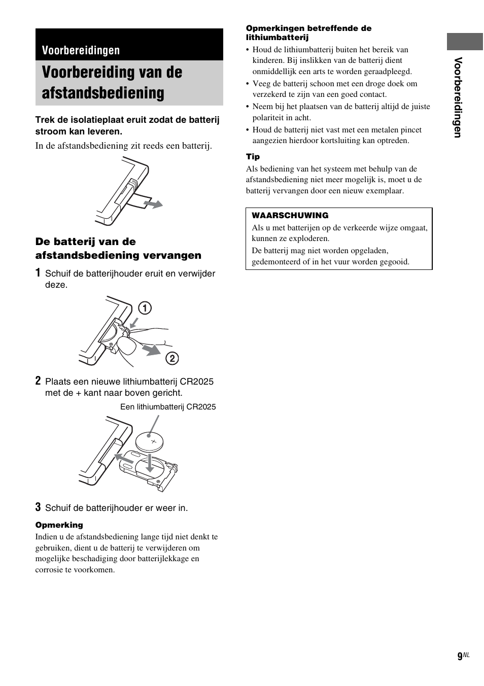 Voorbereidingen, Voorbereiding van de afstandsbediening, Voorbereiding van de | Afstandsbediening | Sony NAS-CZ1 User Manual | Page 167 / 435