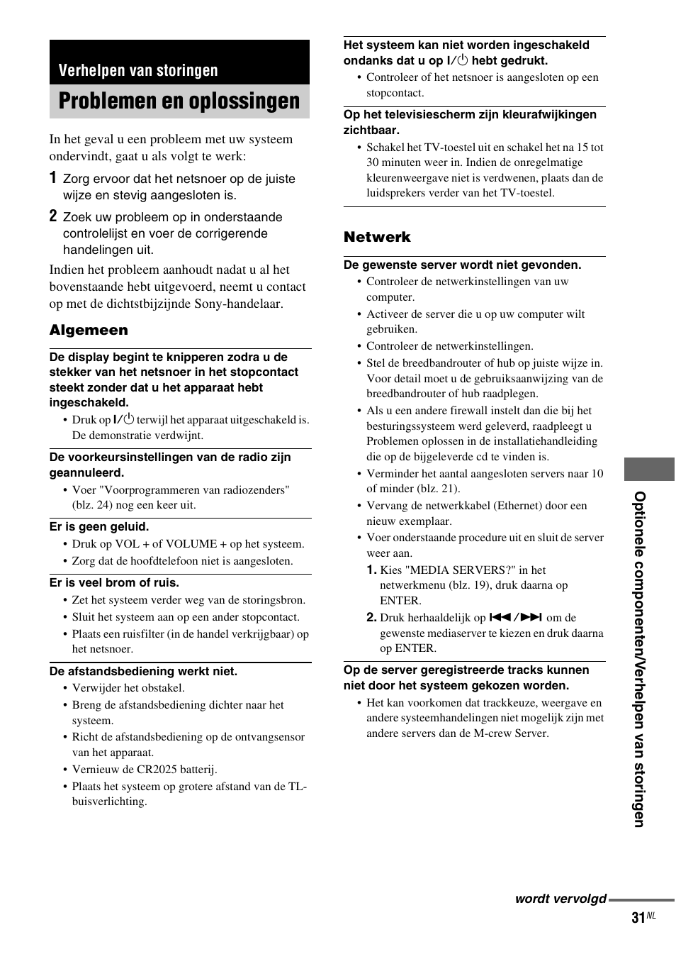 Verhelpen van storingen, Problemen en oplossingen | Sony NAS-CZ1 User Manual | Page 189 / 435