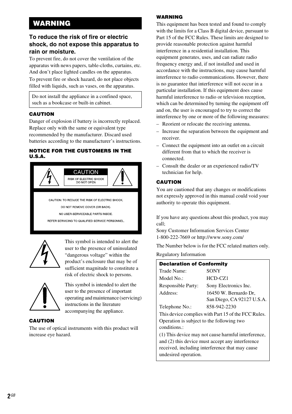 Warning | Sony NAS-CZ1 User Manual | Page 2 / 435