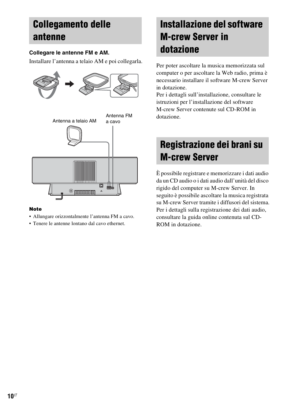 Collegamento delle antenne, Registrazione dei brani su m-crew server, M-crew server in dotazione | Registrazione dei brani su, M-crew server | Sony NAS-CZ1 User Manual | Page 208 / 435