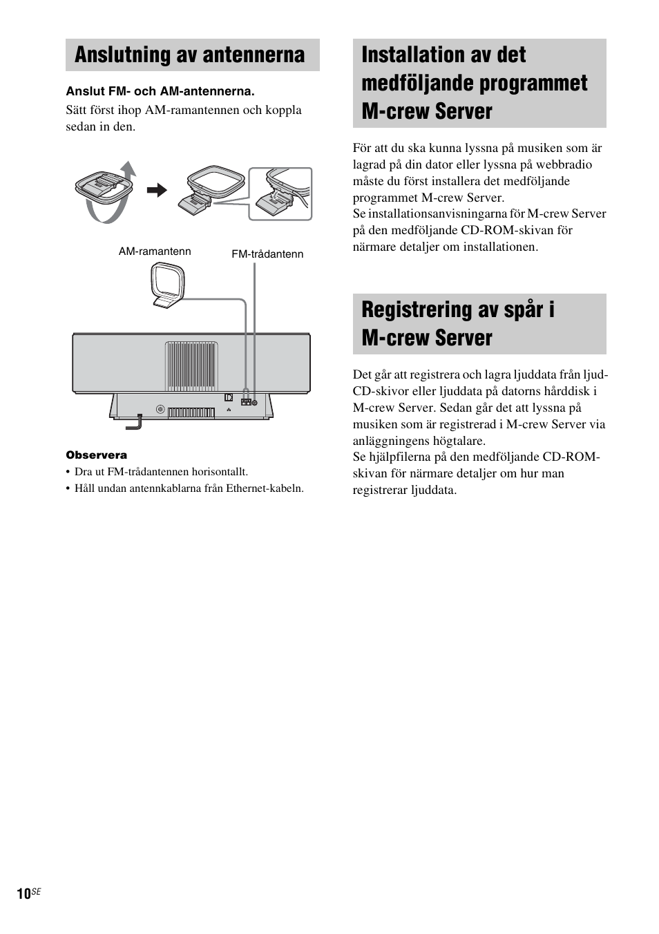 Anslutning av antennerna, Registrering av spår i m-crew server, Programmet m-crew server | Registrering av spår i m-crew, Server | Sony NAS-CZ1 User Manual | Page 248 / 435