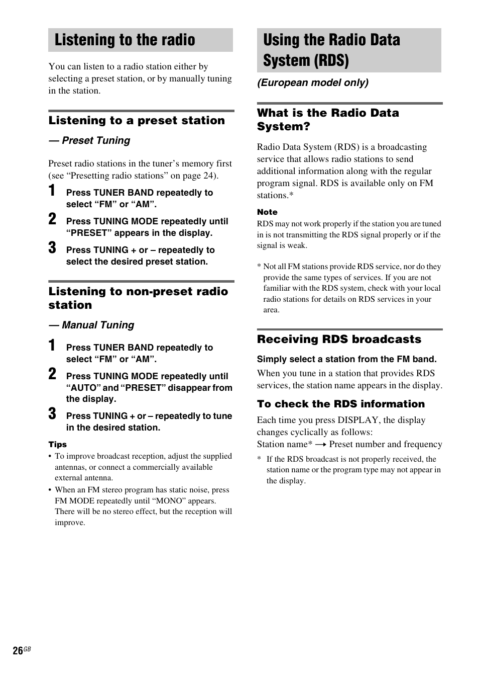 Listening to the radio, Preset tuning, Manual tuning | Using the radio data system (rds), European model only), Preset tuning — manual tuning, Using the radio data system, Rds) (european model only) | Sony NAS-CZ1 User Manual | Page 26 / 435