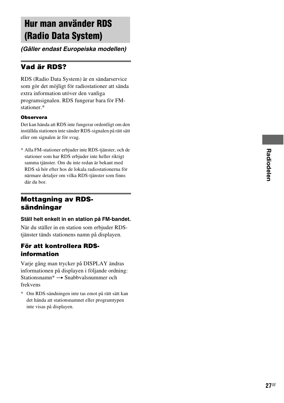 Hur man använder rds (radio data system), Gäller endast europeiska modellen), Hur man använder rds (radio data | System) (gäller endast europeiska modellen) | Sony NAS-CZ1 User Manual | Page 265 / 435