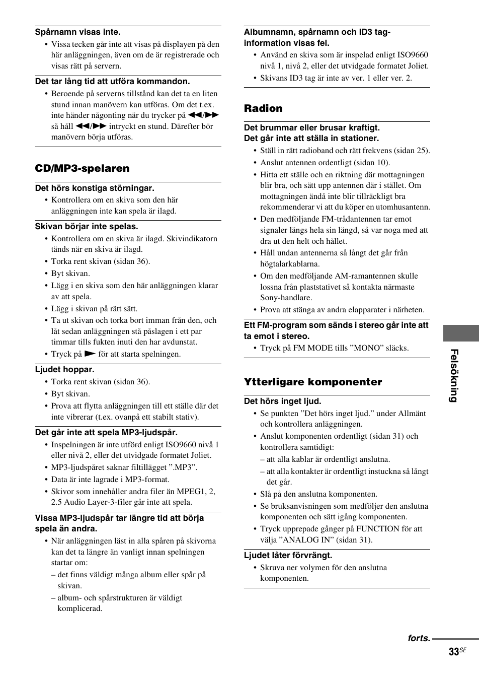 Fe ls ökni ng 33, Cd/mp3-spelaren, Radion | Ytterligare komponenter | Sony NAS-CZ1 User Manual | Page 271 / 435