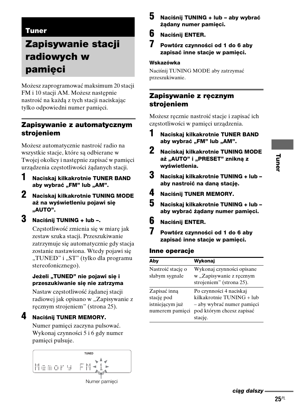 Tuner, Zapisywanie stacji radiowych w pamięci, Zapisywanie stacji radiowych w | Pamięci | Sony NAS-CZ1 User Manual | Page 303 / 435