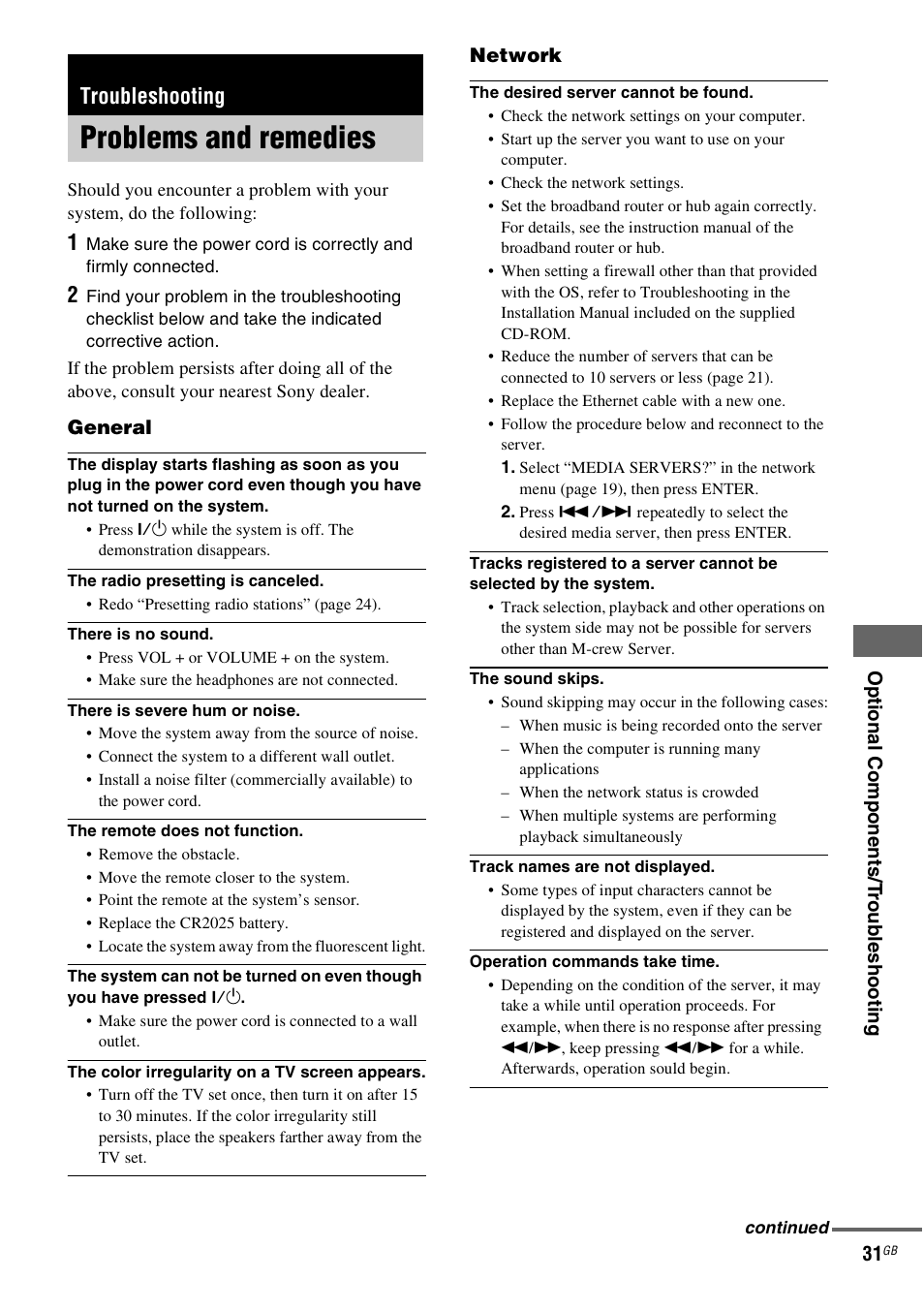 Troubleshooting, Problems and remedies | Sony NAS-CZ1 User Manual | Page 31 / 435