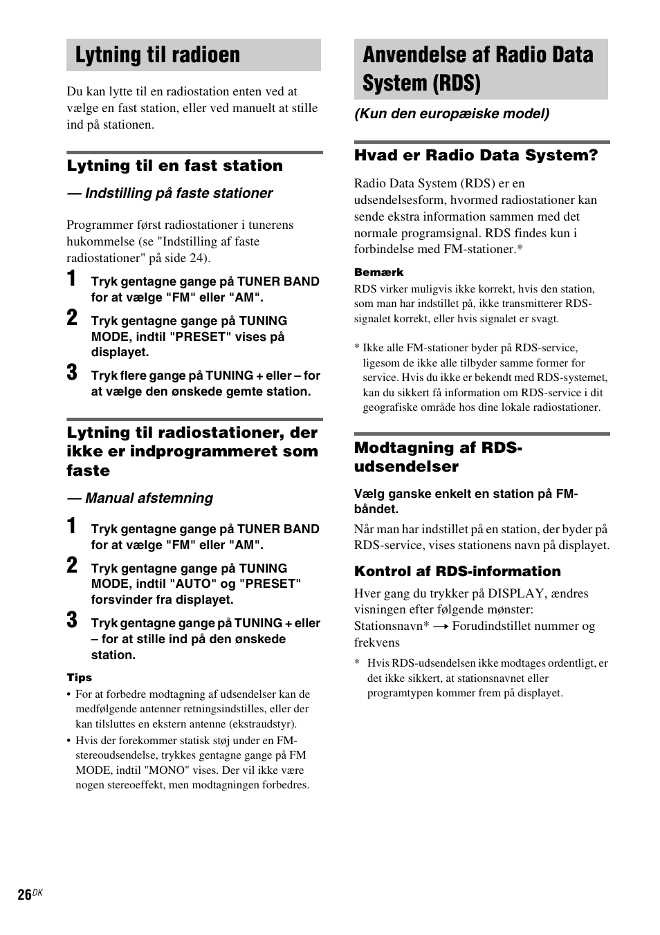 Lytning til radioen, Indstilling på faste stationer, Manual afstemning | Anvendelse af radio data system (rds), Kun den europæiske model), Indstilling på faste stationer — manual afstemning, Anvendelse af radio data system, Rds) (kun den europæiske model) | Sony NAS-CZ1 User Manual | Page 345 / 435