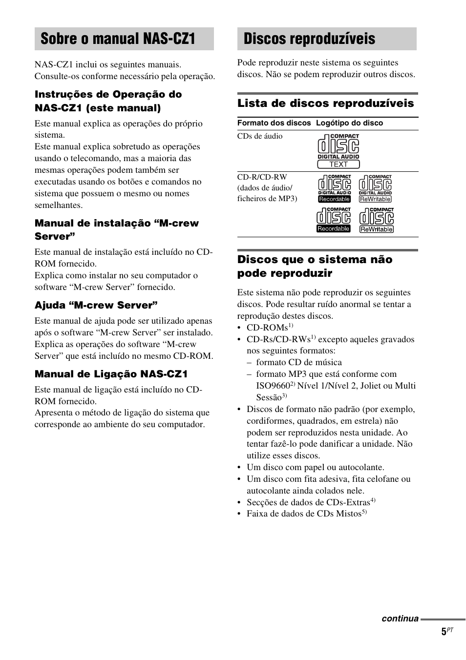 Sobre o manual nas-cz1, Discos reproduzíveis, Sobre o manual nas-cz1 discos reproduzíveis | Sony NAS-CZ1 User Manual | Page 401 / 435