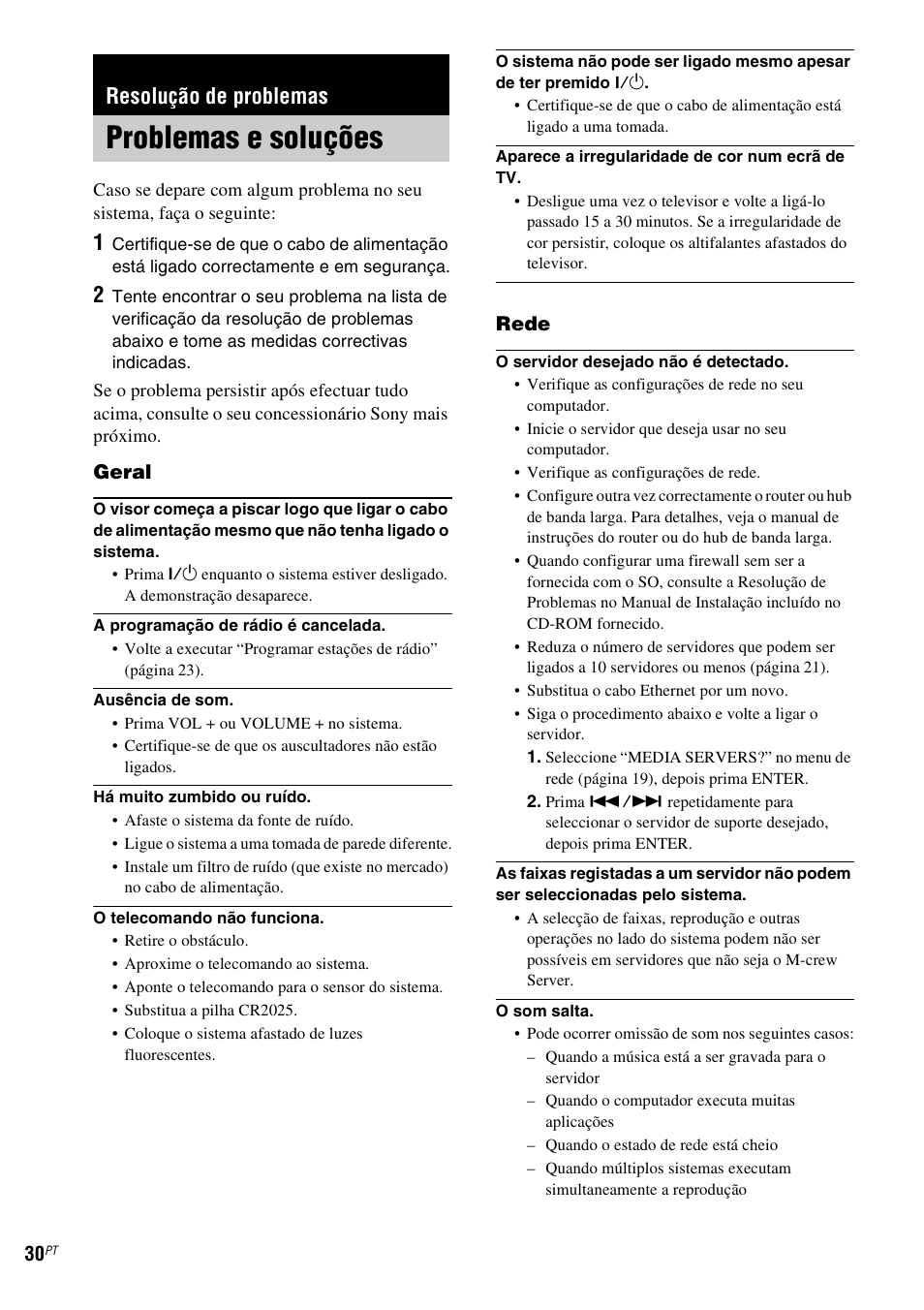 Resolução de problemas, Problemas e soluções | Sony NAS-CZ1 User Manual | Page 426 / 435