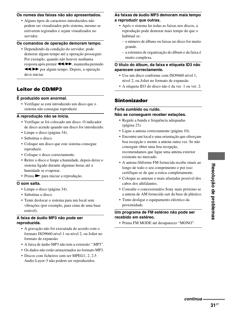 Re solu ção de pr ob le ma s 31, Leitor de cd/mp3, Sintonizador | Sony NAS-CZ1 User Manual | Page 427 / 435