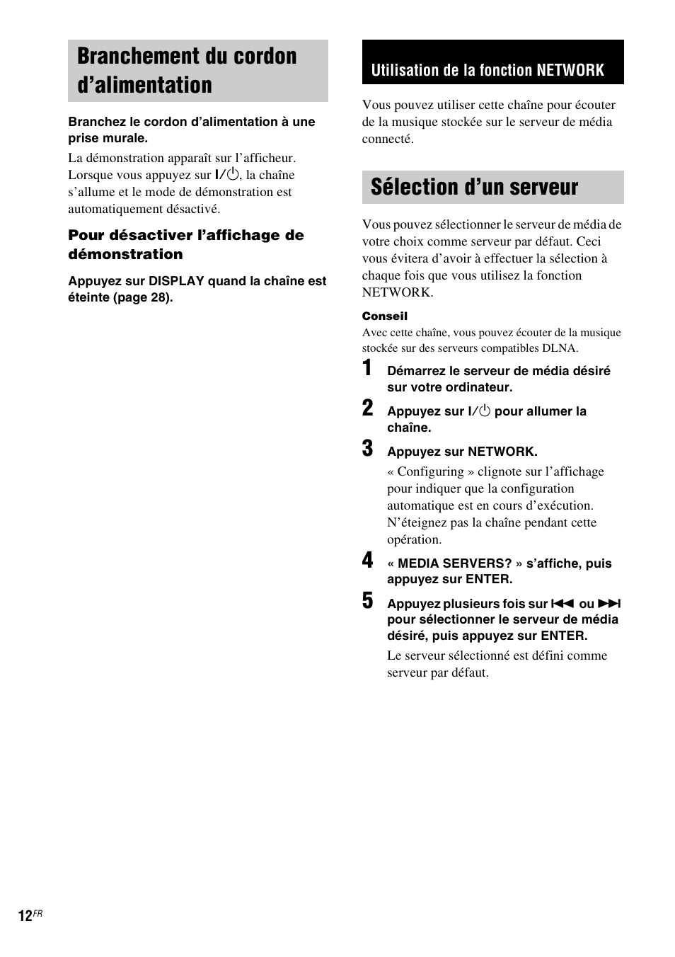 Branchement du cordon d’alimentation, Utilisation de la fonction network, Sélection d’un serveur | Branchement du cordon, D’alimentation | Sony NAS-CZ1 User Manual | Page 49 / 435