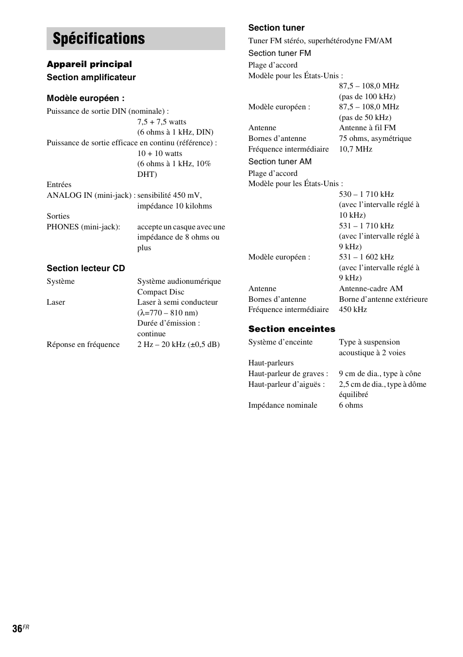 Spécifications | Sony NAS-CZ1 User Manual | Page 73 / 435