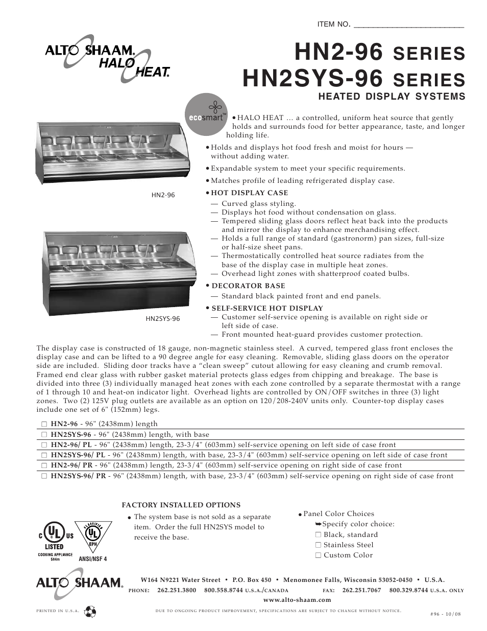 Alto-Shaam HN2SYS-96 User Manual | 2 pages