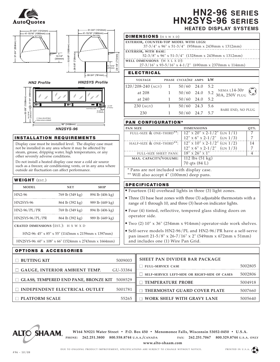 Hn2-96, Hn2sys-96, Series | Heated display systems | Alto-Shaam HN2SYS-96 User Manual | Page 2 / 2