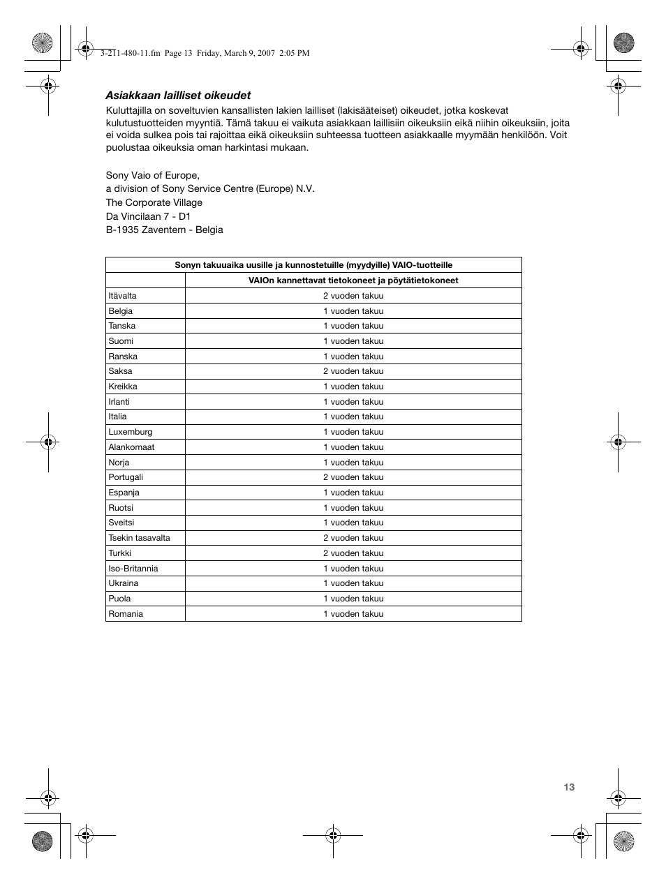 Asiakkaan lailliset oikeudet | Sony VGN-N38Z User Manual | Page 13 / 88