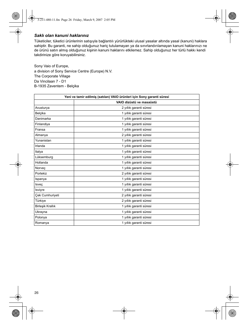 Saklı olan kanuni haklarınız | Sony VGN-N38Z User Manual | Page 26 / 88