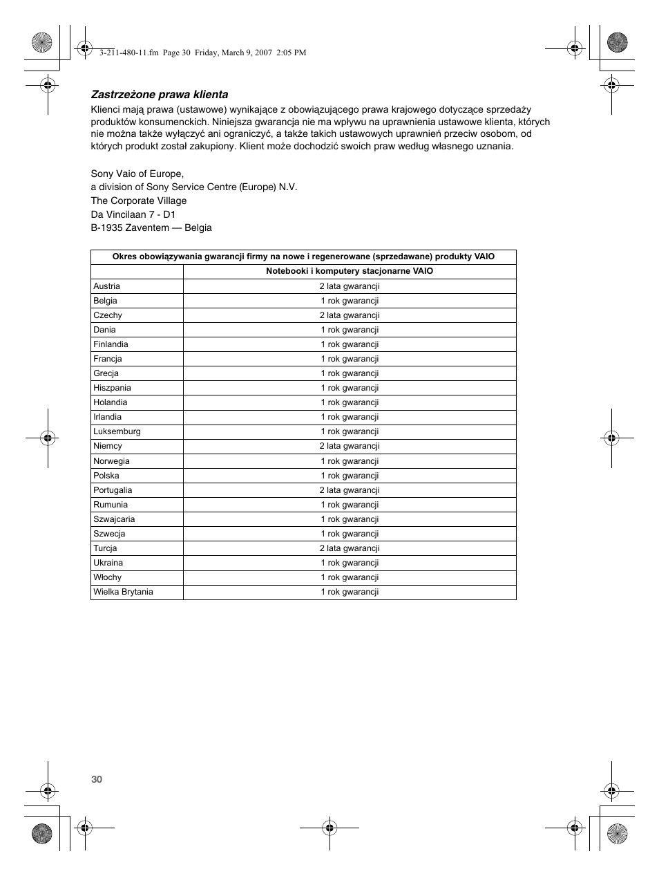 Zastrzeżone prawa klienta | Sony VGN-N38Z User Manual | Page 30 / 88