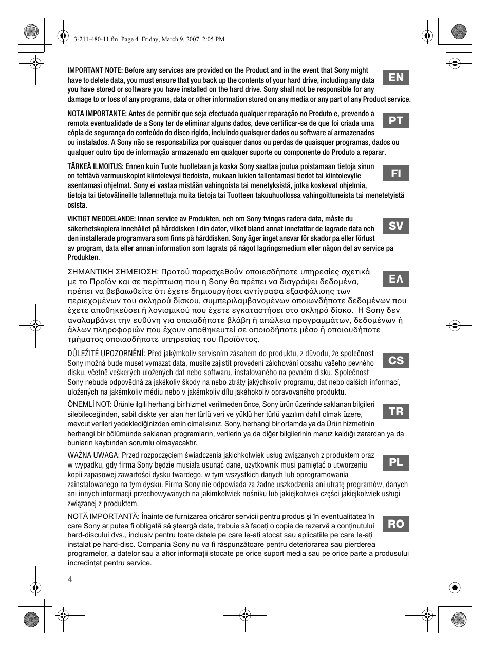 En pt fi sv eλ cs tr pl ro | Sony VGN-N38Z User Manual | Page 4 / 88