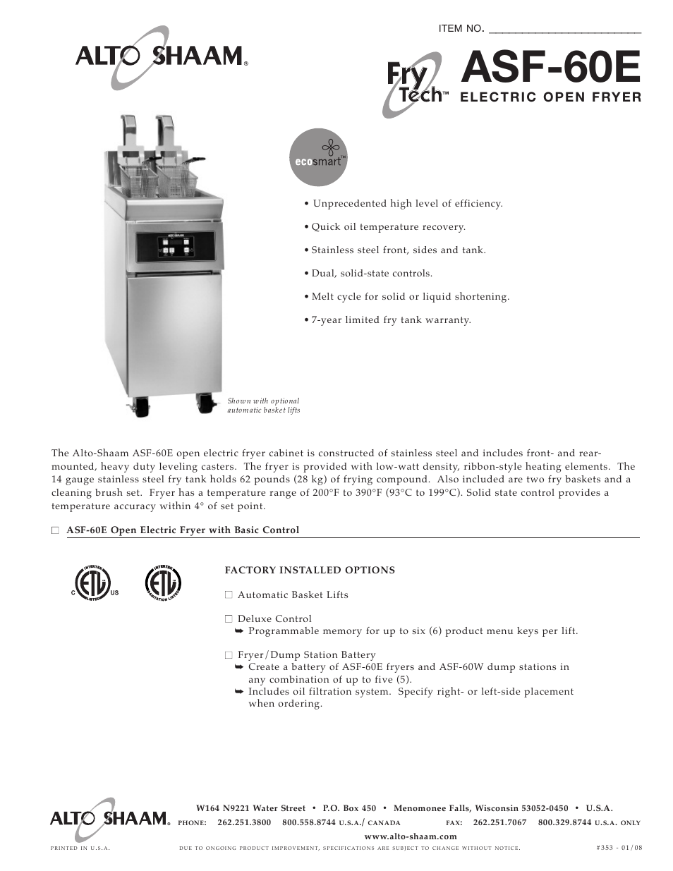 Alto-Shaam ASF-60E User Manual | 2 pages