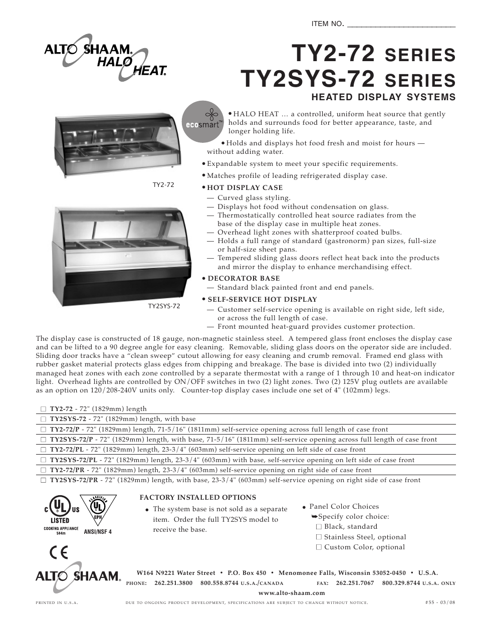 Alto-Shaam TY2SYS-72 User Manual | 2 pages