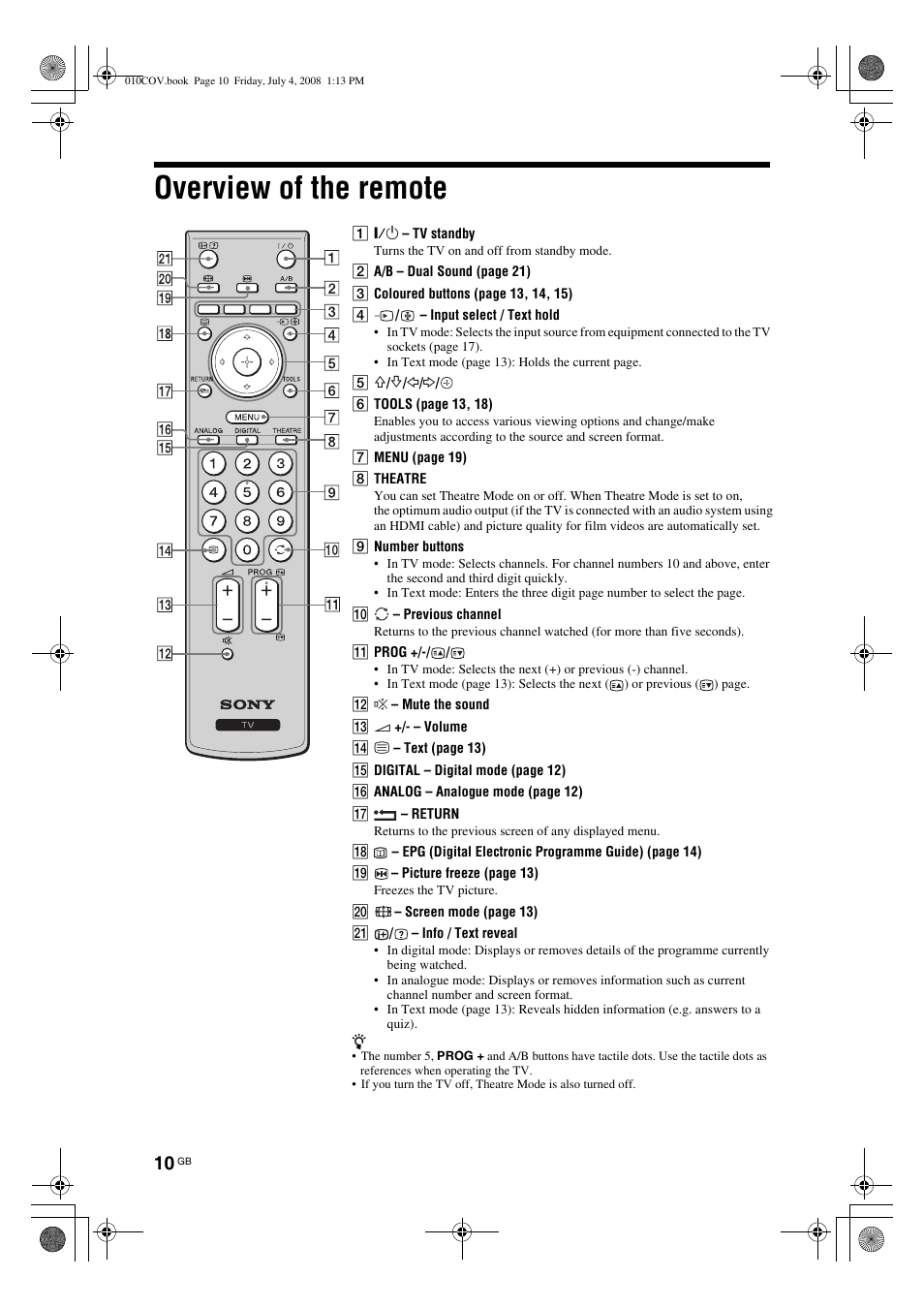 Overview of the remote | Sony KDL-32V4000 User Manual | Page 10 / 181