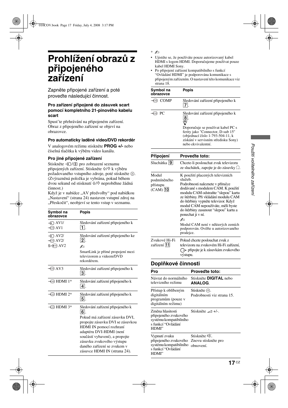 Prohlížení obrazů z připojeného zařízení, Doplňkové činnosti | Sony KDL-32V4000 User Manual | Page 107 / 181