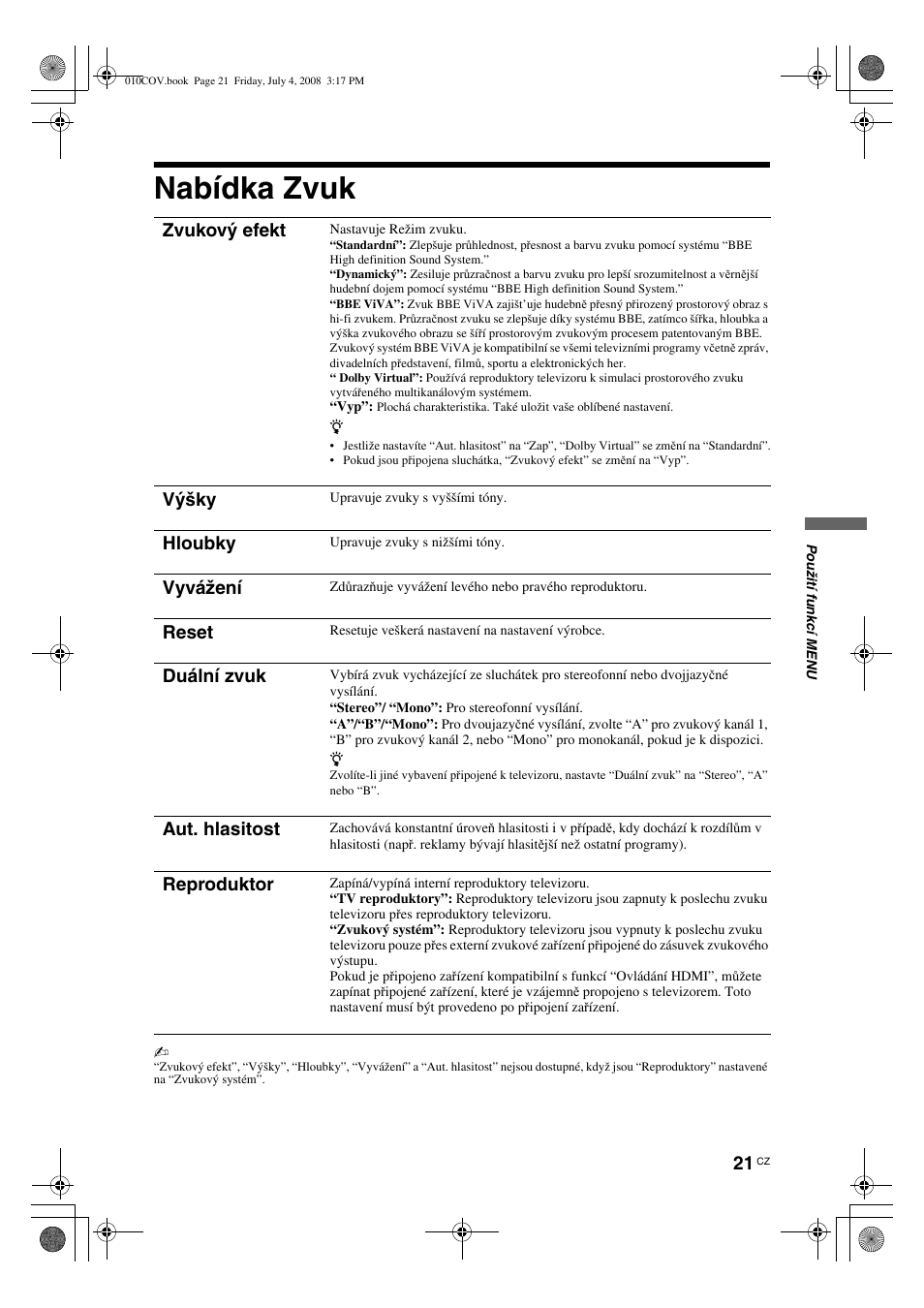Nabídka zvuk, Zvukový efekt, Výšky | Hloubky, Vyvážení, Reset, Duální zvuk, Aut. hlasitost, Reproduktor | Sony KDL-32V4000 User Manual | Page 111 / 181