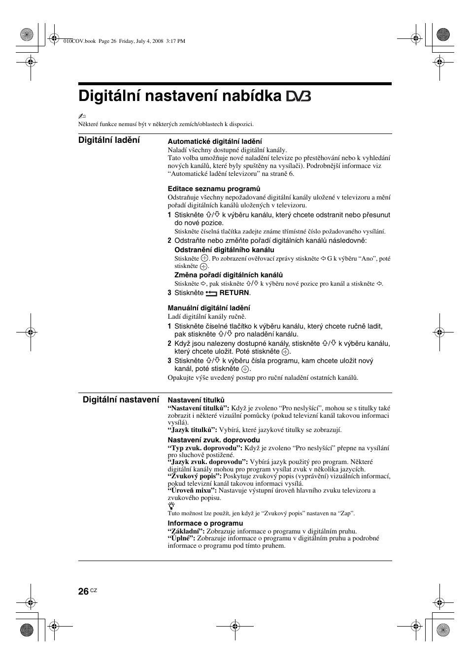 Digitální nastavení nabídka | Sony KDL-32V4000 User Manual | Page 116 / 181