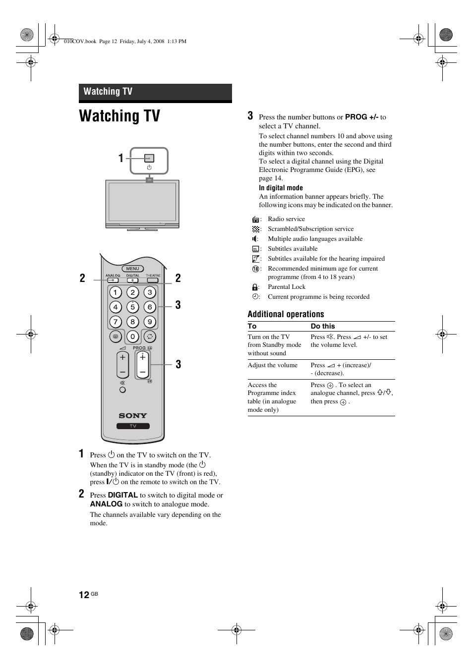 Watching tv | Sony KDL-32V4000 User Manual | Page 12 / 181