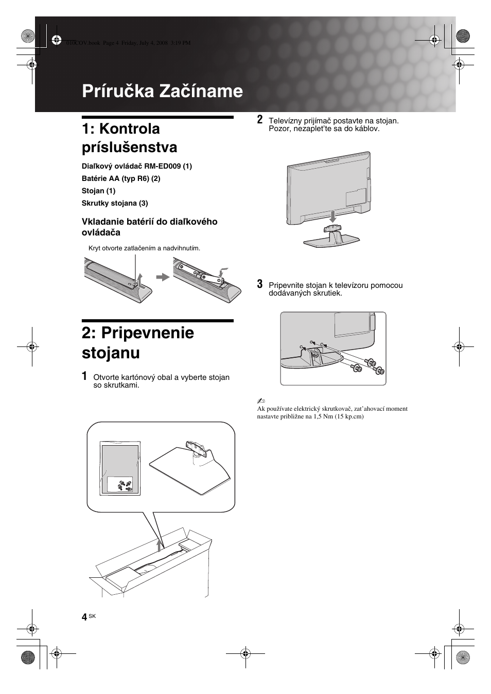 Príručka začíname, Pripevnenie stojanu, Kontrola príslušenstva | Sony KDL-32V4000 User Manual | Page 124 / 181