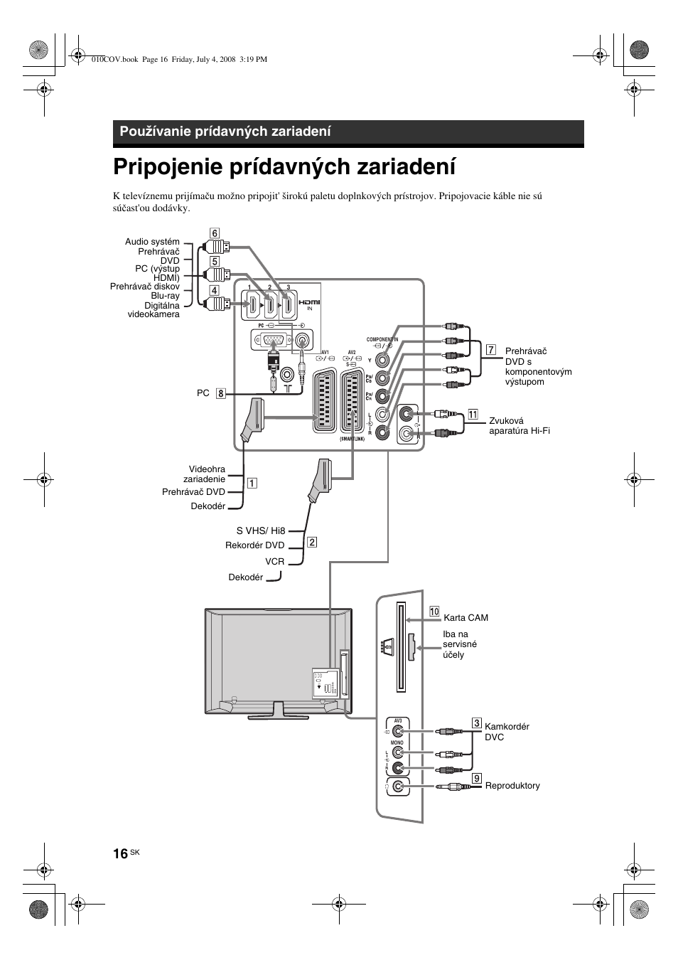 Pripojenie prídavných zariadení, Používanie prídavných zariadení | Sony KDL-32V4000 User Manual | Page 136 / 181