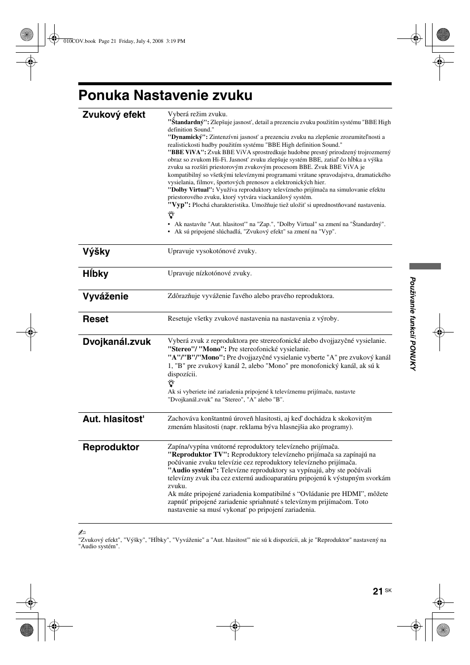 Ponuka nastavenie zvuku, Zvukový efekt, Výšky | Hĺbky, Vyváženie, Reset, Dvojkanál.zvuk, Aut. hlasitost, Reproduktor | Sony KDL-32V4000 User Manual | Page 141 / 181