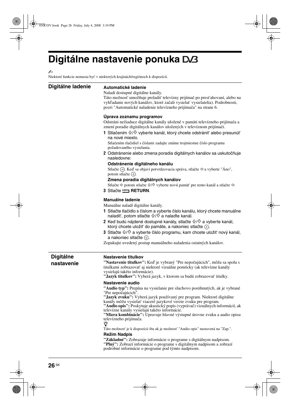 Digitálne nastavenie ponuka | Sony KDL-32V4000 User Manual | Page 146 / 181