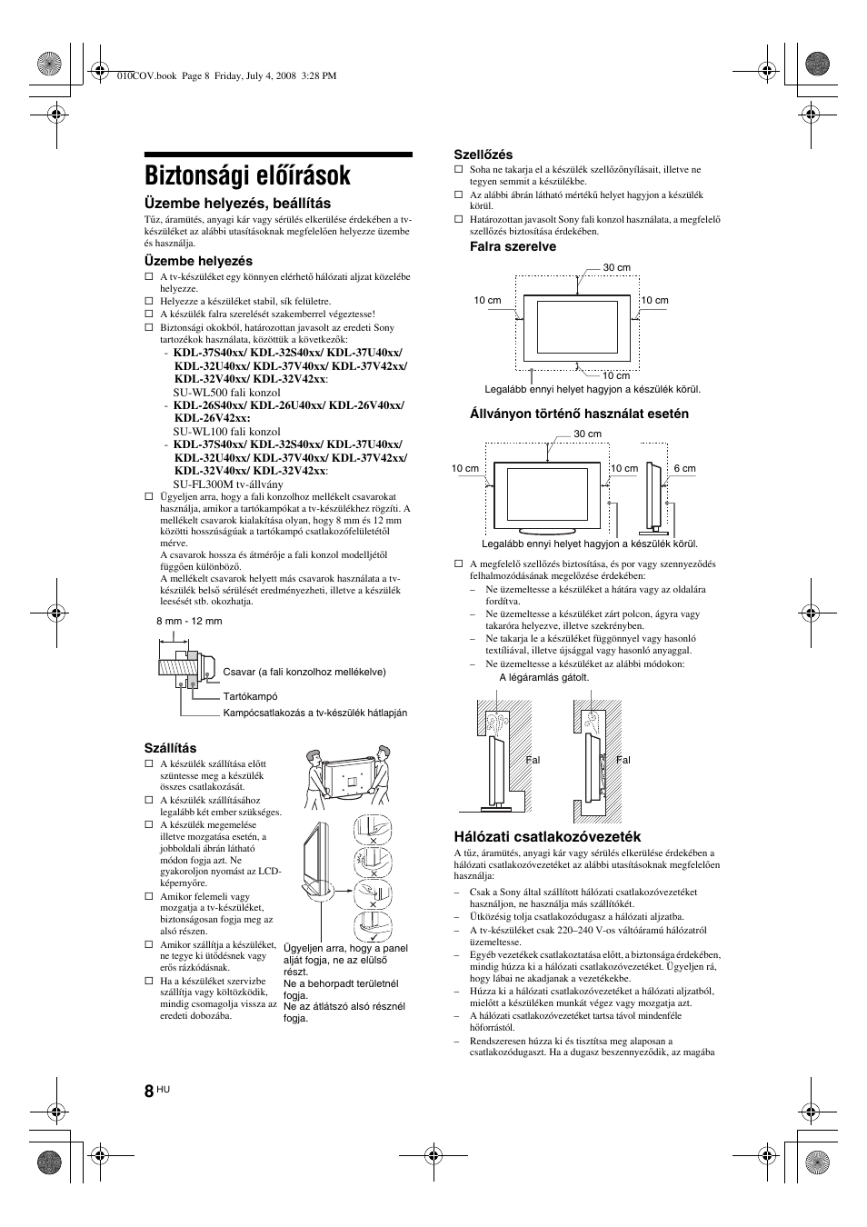 Biztonsági előírások | Sony KDL-32V4000 User Manual | Page 158 / 181