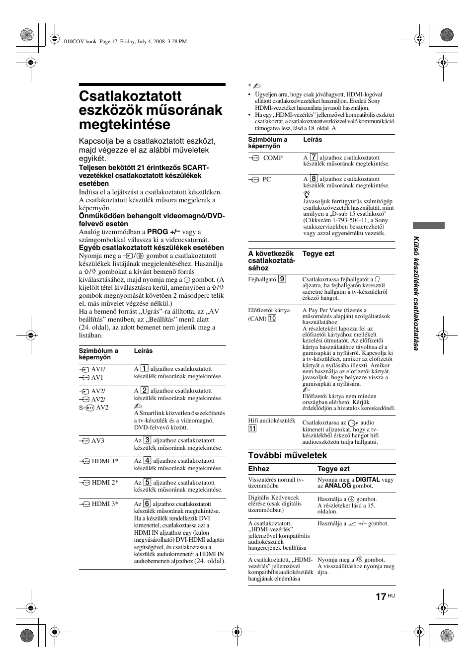 Csatlakoztatott eszközök műsorának megtekintése, További műveletek | Sony KDL-32V4000 User Manual | Page 167 / 181