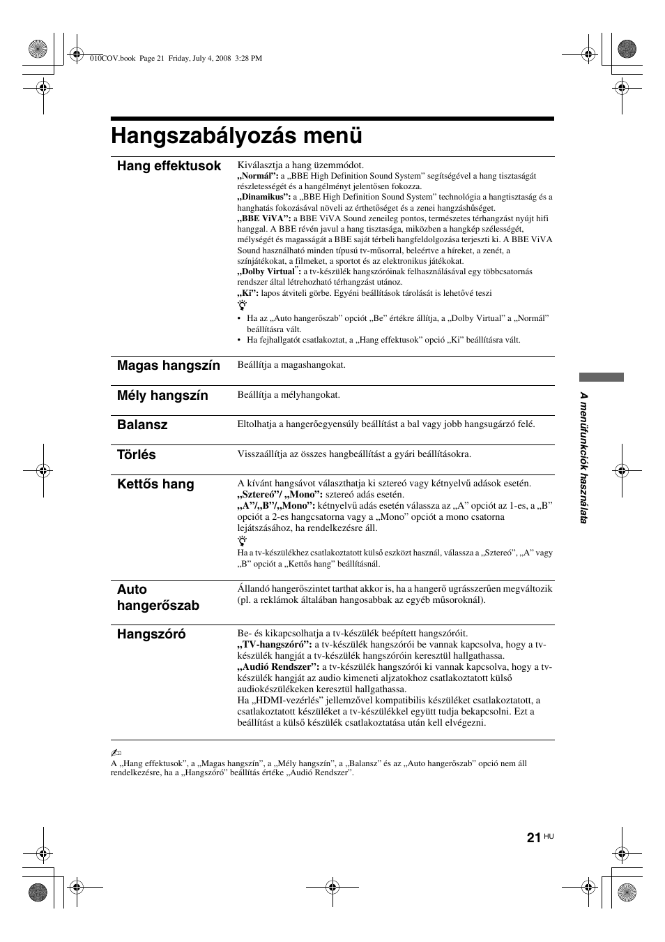 Hangszabályozás menü, Hang effektusok, Magas hangszín | Mély hangszín, Balansz, Törlés, Kettős hang, Auto hangerőszab, Hangszóró | Sony KDL-32V4000 User Manual | Page 171 / 181