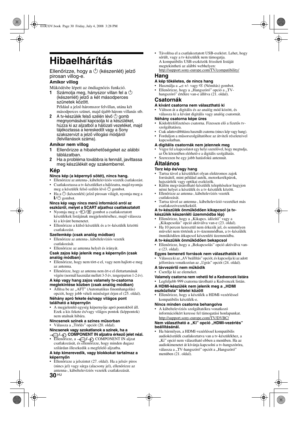 Hibaelhárítás, Hang, Csatornák | Általános | Sony KDL-32V4000 User Manual | Page 180 / 181