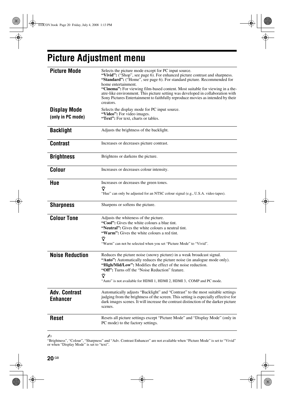 Picture adjustment menu, Picture mode display mode, Backlight | Contrast, Brightness, Colour, Sharpness, Colour tone, Noise reduction, Adv. contrast enhancer | Sony KDL-32V4000 User Manual | Page 20 / 181